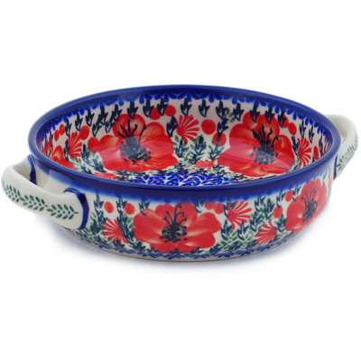 Polish Pottery Round Baker with Handles 8&quot; Lone Poppy