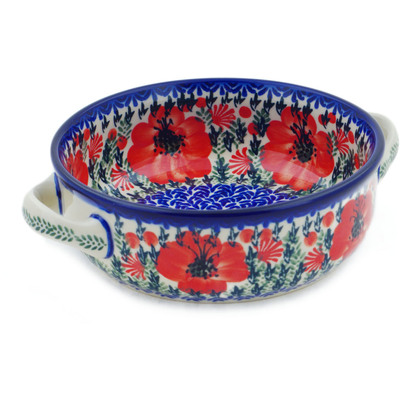 Polish Pottery Round Baker with Handles 8&quot; Lone Poppy