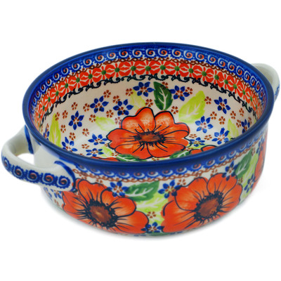 Polish Pottery Round Baker with Handles 8&quot; Orange Zinnia UNIKAT