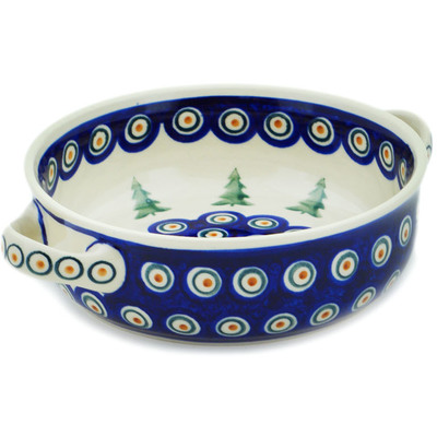 Polish Pottery Round Baker with Handles 8&quot; Peacock Pines