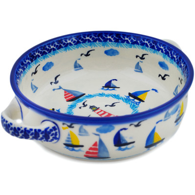 Polish Pottery Round Baker with Handles 8&quot; Sea Sights UNIKAT