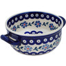 Polish Pottery Round Baker with Handles 9&quot; Peacock Forget-me-not