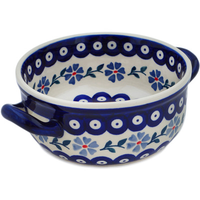 Polish Pottery Round Baker with Handles 9&quot; Peacock Forget-me-not