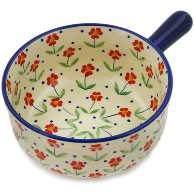 Polish Pottery Round Baker with Handles 9&quot; Red Primrose