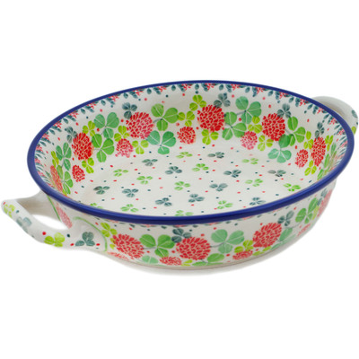 Polish Pottery Round Baker with Handles Medium Clover Flower Wreath