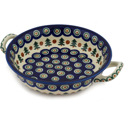 Polish Pottery Round Baker with Handles Medium Cranberries And Evergree