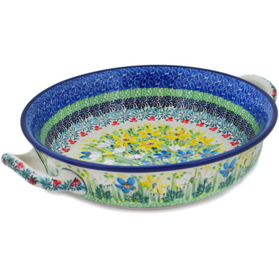 Polish Pottery Round Baker with Handles Medium Dandy Daffodils UNIKAT