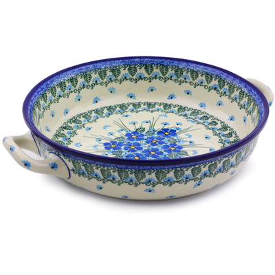 Polish Pottery Round Baker with Handles Medium Forget Me Not UNIKAT