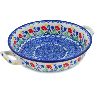 Polish Pottery Round Baker with Handles Medium Front Yard Blooms