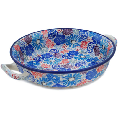 Polish Pottery Round Baker with Handles Medium Jewel Toned Meadow UNIKAT