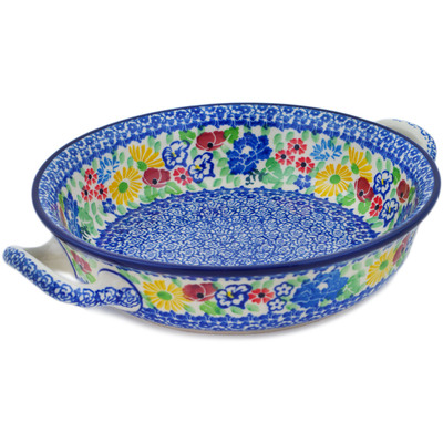 Polish Pottery Round Baker with Handles Medium Patio Views UNIKAT