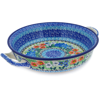 Polish Pottery Round Baker with Handles Medium Spring Joy UNIKAT