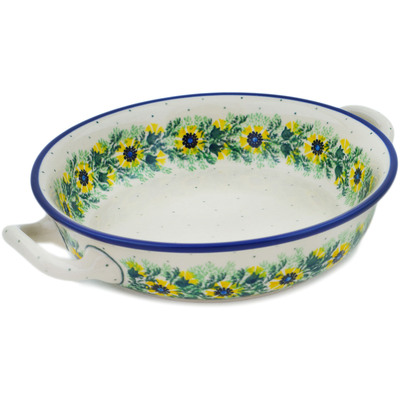 Polish Pottery Round Baker with Handles Medium Yellow Bridge