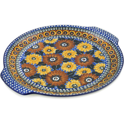 Polish Pottery Round Platter with Handles 13&quot; Autumn Chrysanthemums UNIKAT