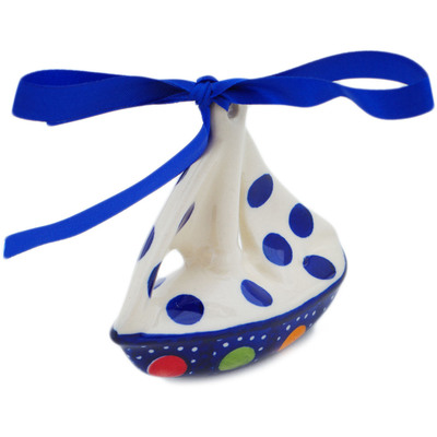 Polish Pottery Sailboat Ornament 3&quot; Lights In The Sky