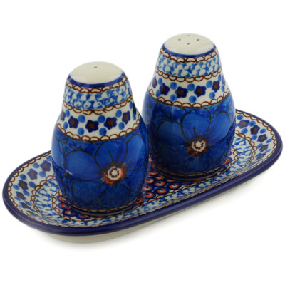 Polish Pottery Salt and Pepper 3-Piece Set Blue Poppies UNIKAT