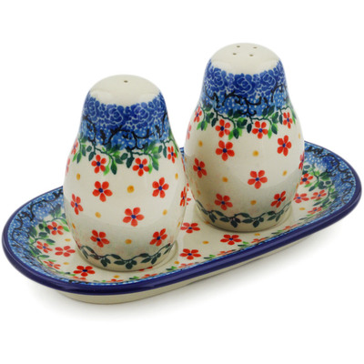 Polish Pottery Salt and Pepper 3-Piece Set Little Flowers