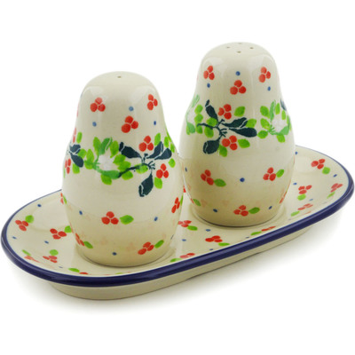 Polish Pottery Salt and Pepper 3-Piece Set Peek Of Mistletoe