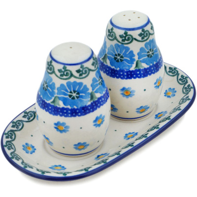 Polish Pottery Salt and Pepper 3-Piece Set Poppy Circle