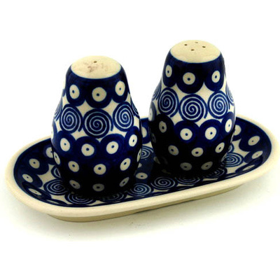 Polish Pottery Salt and Pepper 3-Piece Set Swirling Peacock Eyes