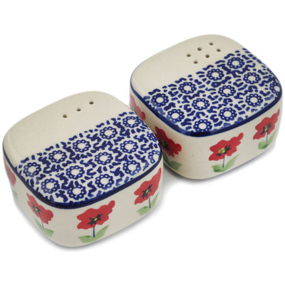 Polish Pottery Salt and Pepper Set 3&quot; Wind-blown Poppies