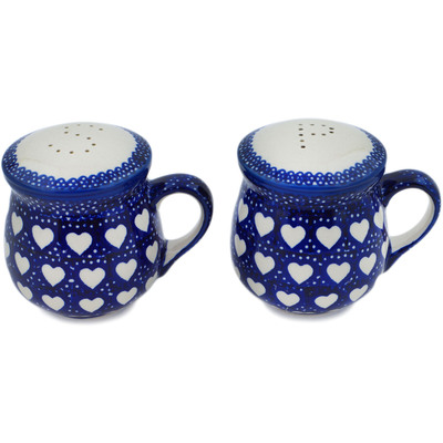 Polish Pottery Salt and Pepper Set 4&quot; Heart&#039;s Full Of Love