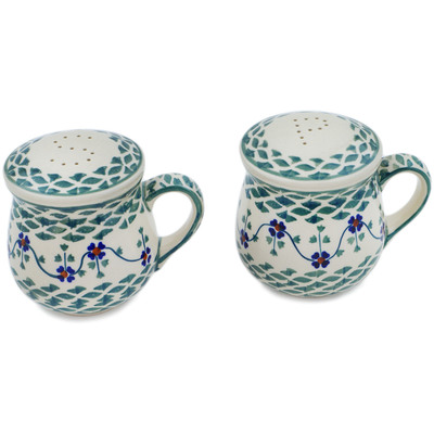 Polish Pottery Salt and Pepper Set 4&quot; Lucky Blue Clover