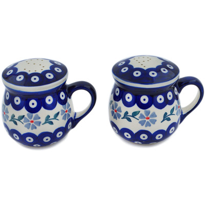 Polish Pottery Salt and Pepper Set 4&quot; Peacock Forget-me-not