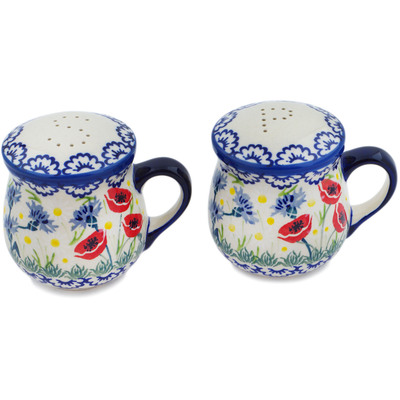 Polish Pottery Salt and Pepper Set 4&quot; Poppies And Cornflowers UNIKAT