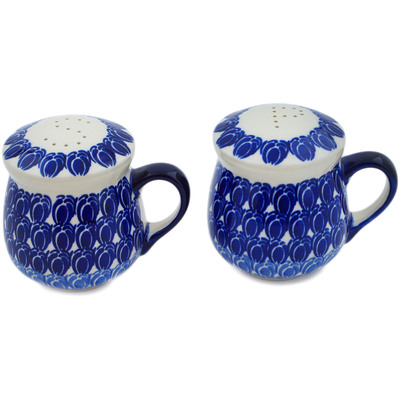 Polish Pottery Salt and Pepper Set 4&quot; Retro Blue Tulips