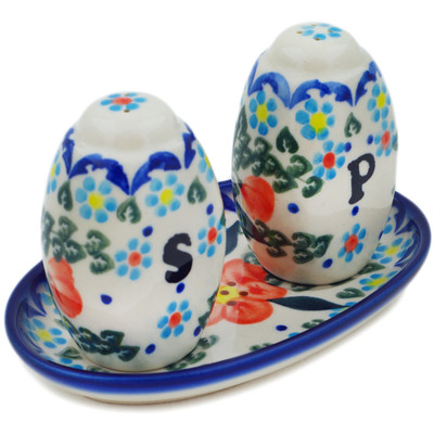 Polish Pottery Salt and Pepper Set 5&quot; Peach Tudor Rose