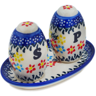 Polish Pottery Salt and Pepper Set 5&quot; Spring Flower Ring