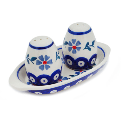 Polish Pottery Salt and Pepper Set 6&quot; Peacock Forget-me-not