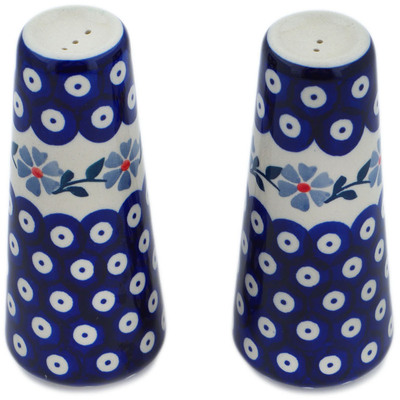 Polish Pottery Salt and Pepper Set 6&quot; Peacock Forget-me-not