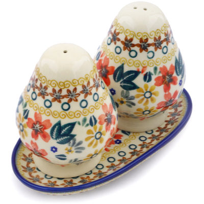 Polish Pottery Salt and Pepper Set 6&quot; Red Anemone Meadow UNIKAT