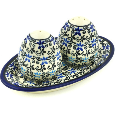 Polish Pottery Salt and Pepper Set 7&quot; Black And Blue Lace
