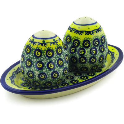 Polish Pottery Salt and Pepper Set 7&quot; Peacock Bumble Bee