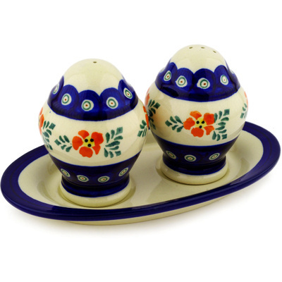 Polish Pottery Salt and Pepper Set 7&quot; Poinsetia Peacock