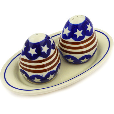 Polish Pottery Salt and Pepper Set 7&quot; Stars And Stripes