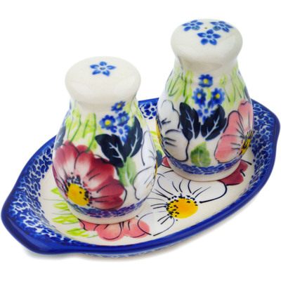 Polish Pottery Salt and Pepper Set Maroon Blossoms
