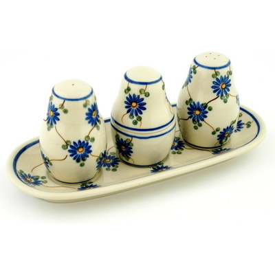 Polish Pottery Salt and Pepper with Toothpick Holder 10&quot; Aster Trellis