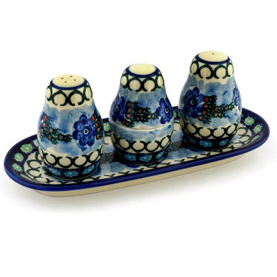 Polish Pottery Salt and Pepper with Toothpick Holder 10&quot; Blue Delight UNIKAT