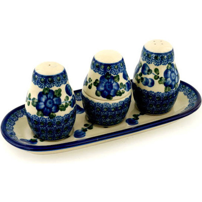 Polish Pottery Salt and Pepper with Toothpick Holder 10&quot; Blue Poppies