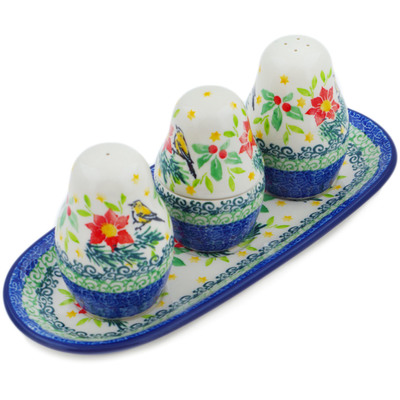 Polish Pottery Salt and Pepper with Toothpick Holder 10&quot; Festive Avian Delight UNIKAT