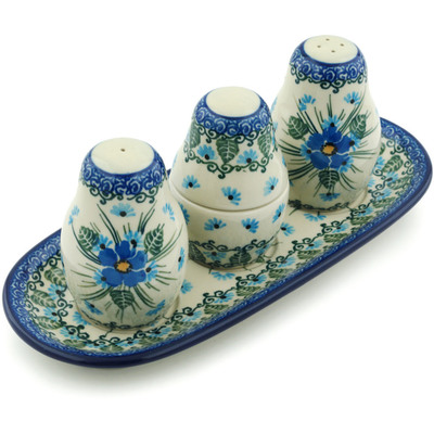 Polish Pottery Salt and Pepper with Toothpick Holder 10&quot; Forget Me Not UNIKAT