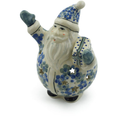 Polish Pottery Santa Candle Holder 5&quot; Gray Forget-me-not UNIKAT