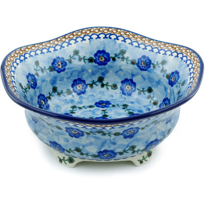 Polish Pottery Scalloped Bowl 10&quot; Blue Pansy Vines UNIKAT
