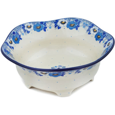 Polish Pottery Scalloped Bowl 10&quot; Blue Spring Blue