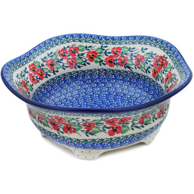 Polish Pottery Scalloped Bowl 10&quot; Red Pansy