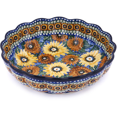 Polish Pottery Scalloped Bowl 11&quot; Autumn Chrysanthemums UNIKAT